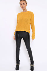 Mustard Chunky Knit Distressed Jumper - Bella-Jumper
