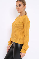 Mustard Chunky Knit Distressed Jumper - Bella-Jumper
