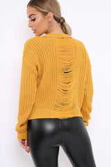 Mustard Chunky Knit Distressed Jumper - Bella-Jumper