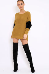 Mustard Chunky Knit Fur Sleeve Jumper - Kimberly-Knitwear