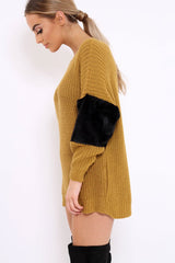 Mustard Chunky Knit Fur Sleeve Jumper - Kimberly-Knitwear