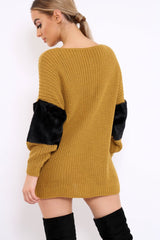 Mustard Chunky Knit Fur Sleeve Jumper - Kimberly-Knitwear