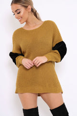 Mustard Chunky Knit Fur Sleeve Jumper - Kimberly-Knitwear