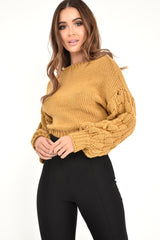 Mustard Chunky Knit Sleeve Detail Cropped Jumper - Danyela-Crop Jumper