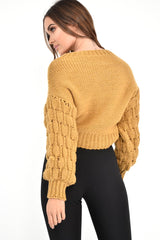 Mustard Chunky Knit Sleeve Detail Cropped Jumper - Danyela-Crop Jumper