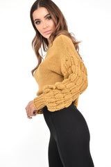 Mustard Chunky Knit Sleeve Detail Cropped Jumper - Danyela-Crop Jumper