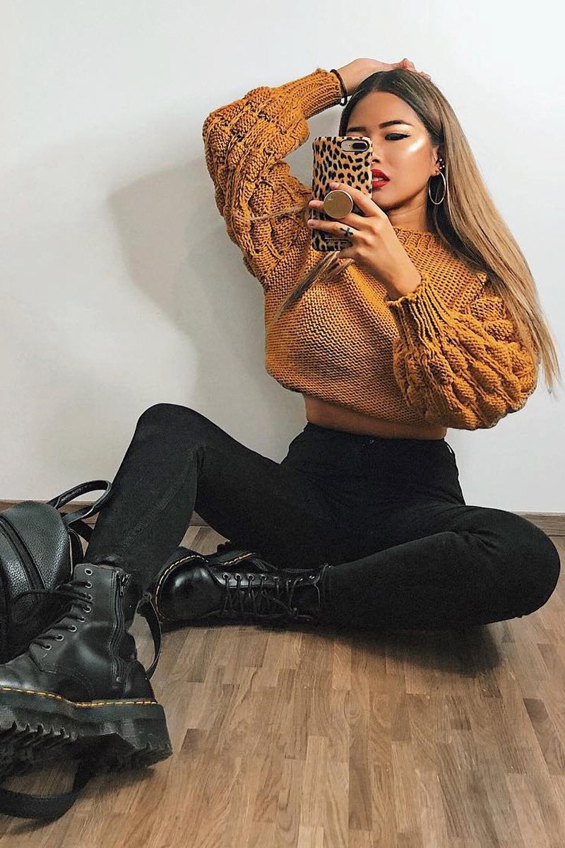 Mustard Chunky Knit Sleeve Detail Cropped Jumper - Danyela-Crop Jumper