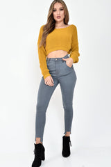 Mustard Chunky Knit V Back Crop Jumper - Priscilla-Jumper