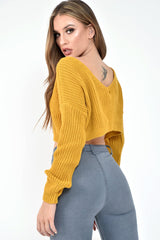 Mustard Chunky Knit V Back Crop Jumper - Priscilla-Jumper