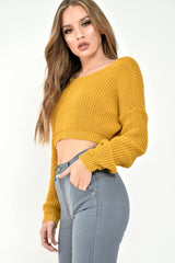 Mustard Chunky Knit V Back Crop Jumper - Priscilla-Jumper
