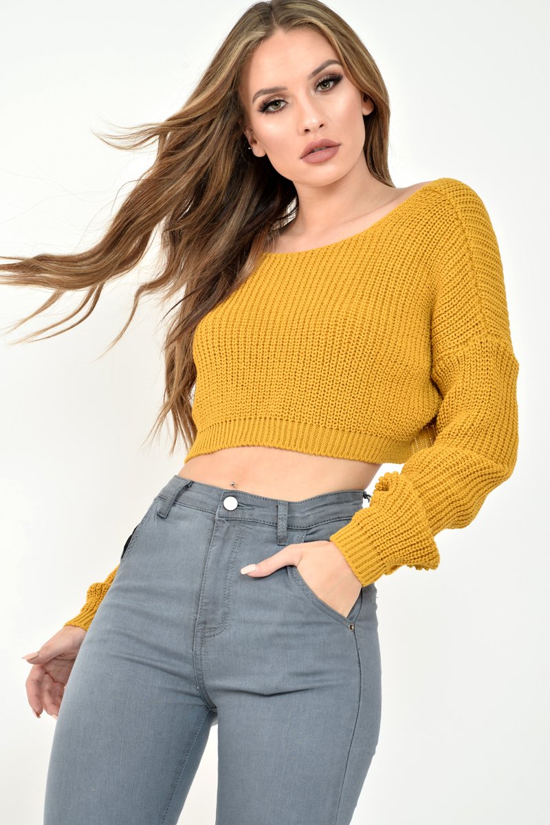 Mustard Chunky Knit V Back Crop Jumper - Priscilla-Jumper