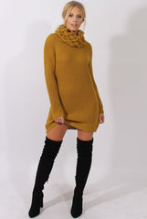 Mustard Chunky Turtleneck Knit Jumper Dress - Cloe-Jumper