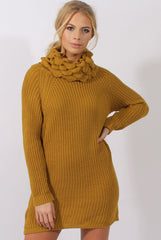 Mustard Chunky Turtleneck Knit Jumper Dress - Cloe-Jumper