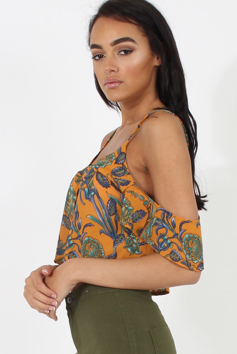 Mustard Cold Shoulder Button Crop Top - Harlow-Crop Tops