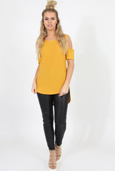 Mustard Cold Shoulder Dipped Hem Top - Kay-Tops