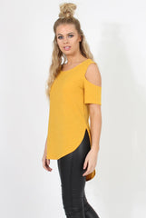 Mustard Cold Shoulder Dipped Hem Top - Kay-Tops