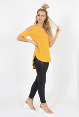Mustard Cold Shoulder Dipped Hem Top - Kay-Tops