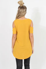 Mustard Cold Shoulder Dipped Hem Top - Kay-Tops