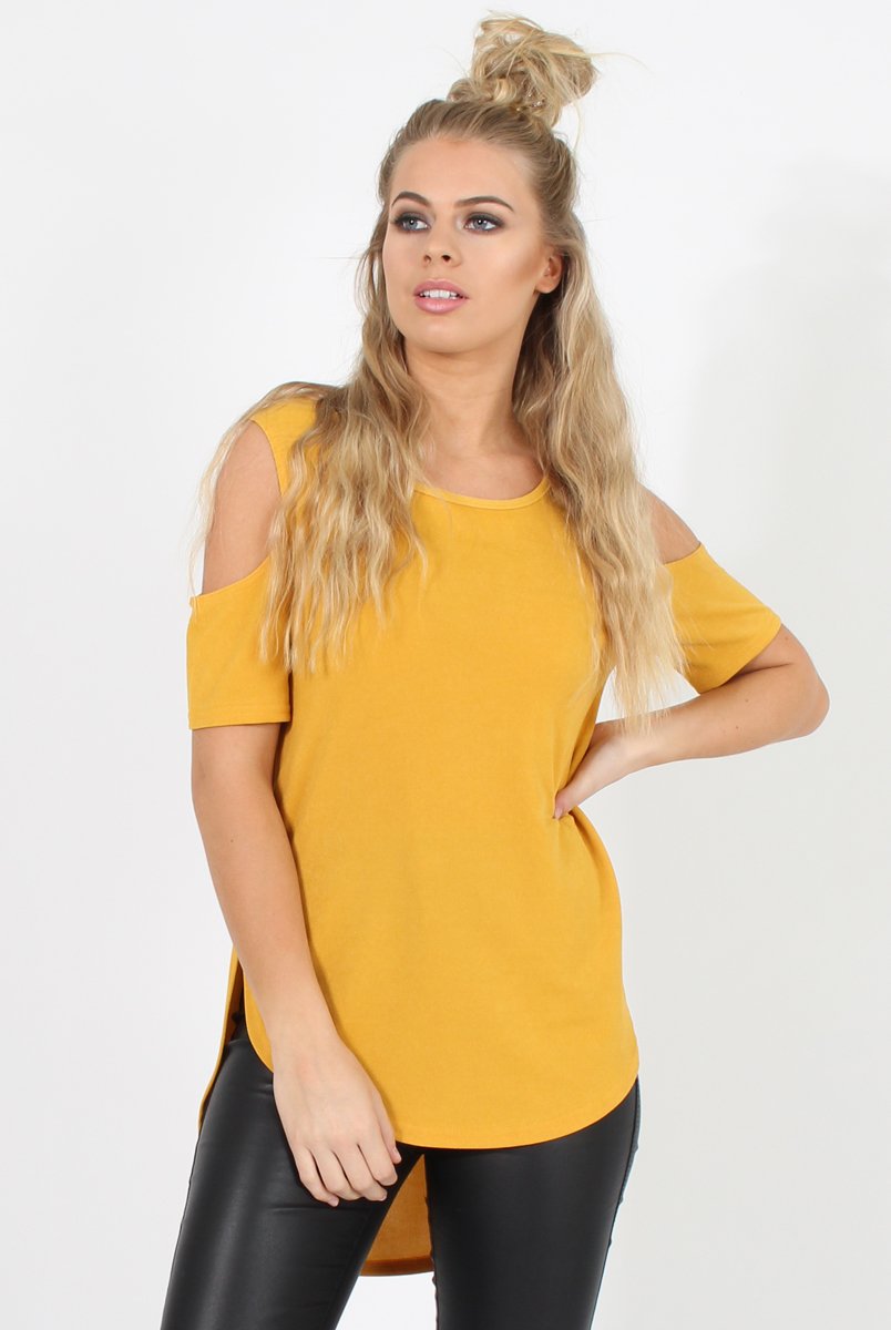 Mustard Cold Shoulder Dipped Hem Top - Kay-Tops