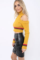 Mustard Cold Shoulder Jumper with Stripe Detail - Cala-Jumper