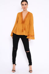 Mustard Crochet Detail Plunge Front Smock Top - Miya-Tops