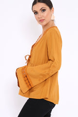 Mustard Crochet Detail Plunge Front Smock Top - Miya-Tops