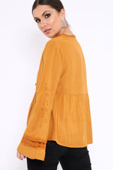 Mustard Crochet Detail Plunge Front Smock Top - Miya-Tops