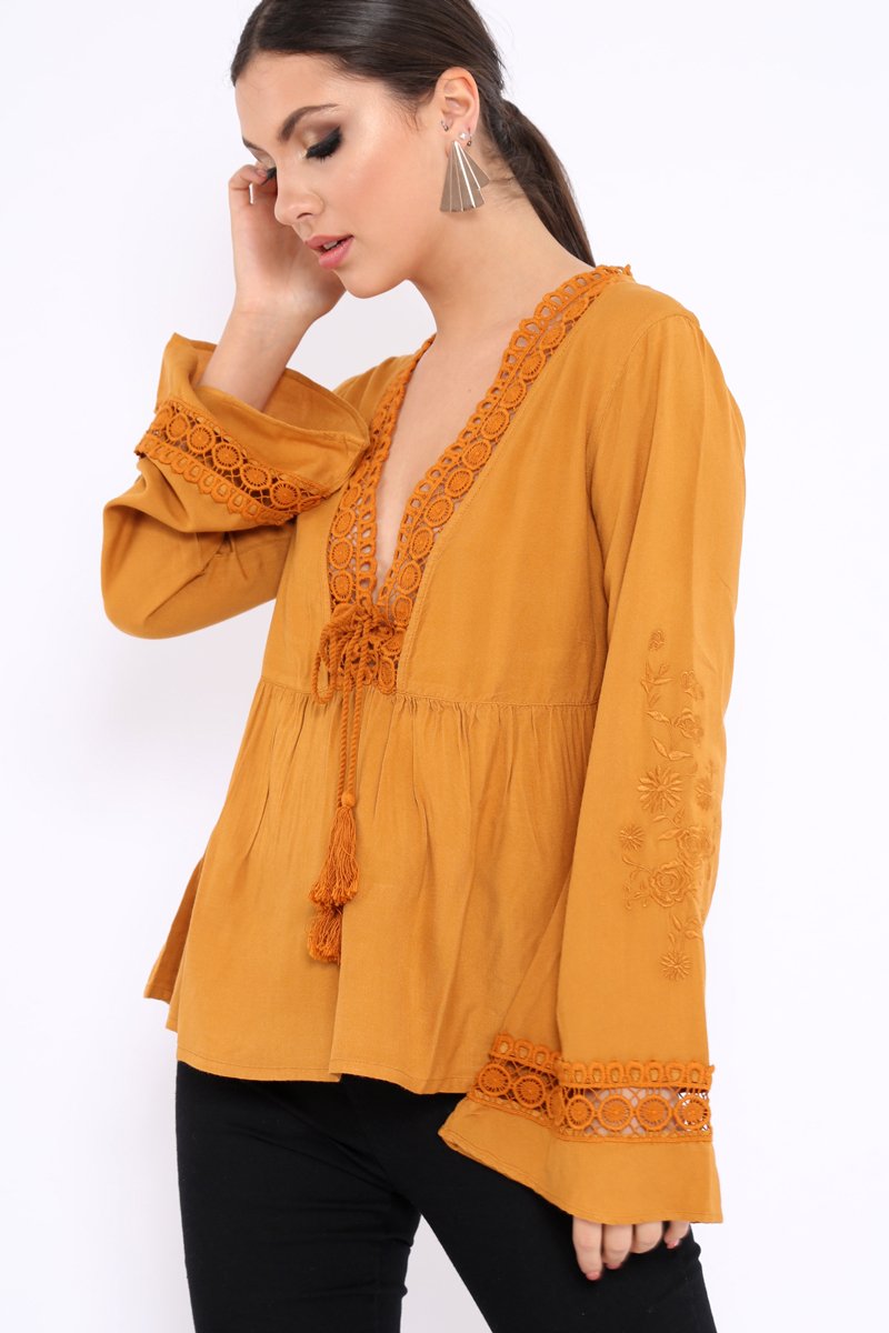 Mustard Crochet Detail Plunge Front Smock Top - Miya-Tops