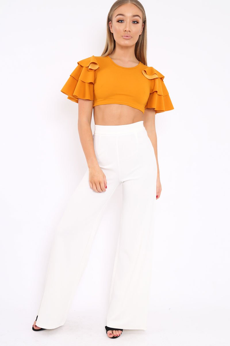 Mustard Crop Top Frill Arms - Jameila-Tops
