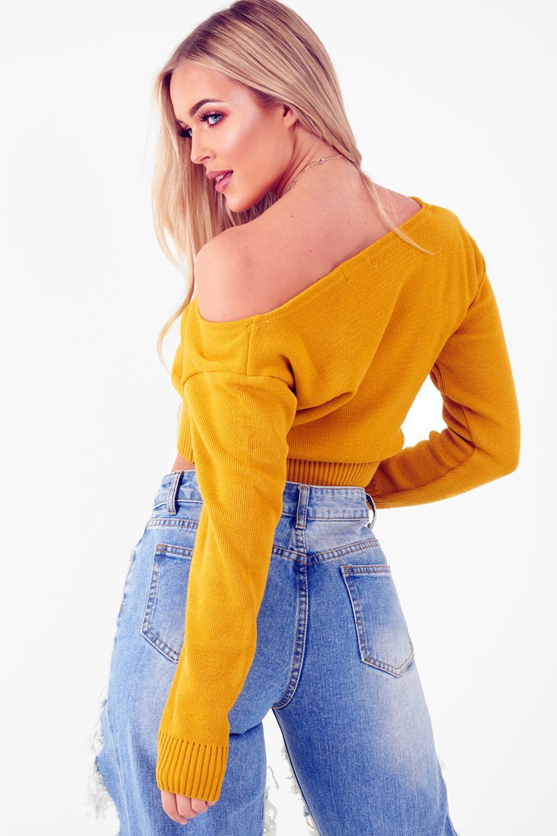 Mustard Crop V Neck Knit Jumper - Rozella-Crop Jumper
