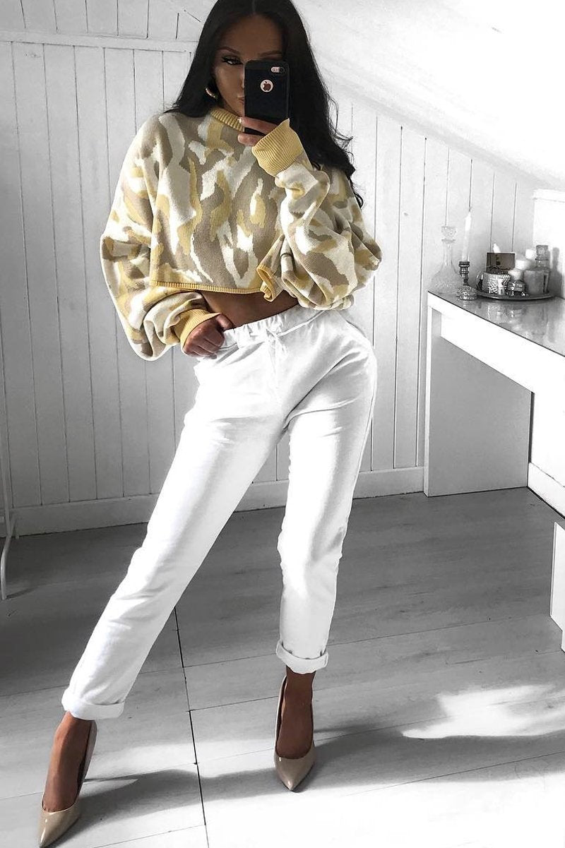 Mustard Cropped Batwing Camo Jumper - Lizy-Jumper