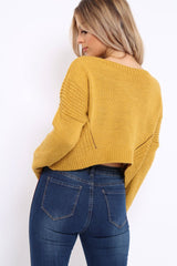 Mustard Cropped Curved Hem Jumper - Fearne-Jumper