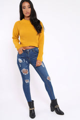 Mustard Cropped Knitted Jumper - Hennie-Jumper
