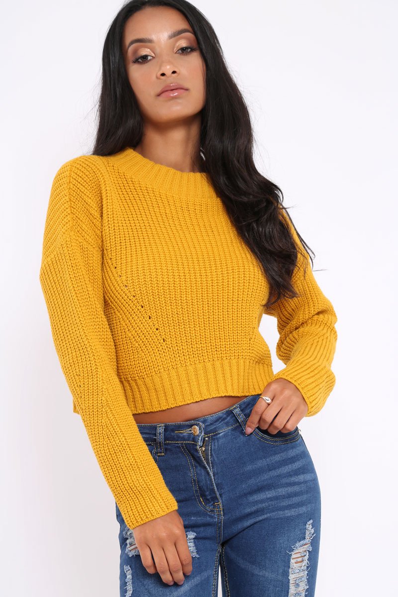 Mustard Cropped Knitted Jumper - Hennie-Jumper