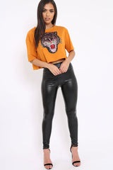 Mustard Cropped Tee with Applique Sequin Tiger - Avery-Tops