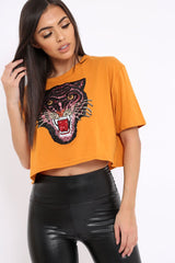 Mustard Cropped Tee with Applique Sequin Tiger - Avery-Tops