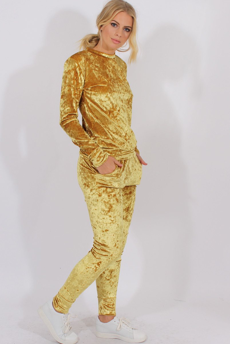 Mustard Crushed Velvet Tracksuit - Romy-Loungewear