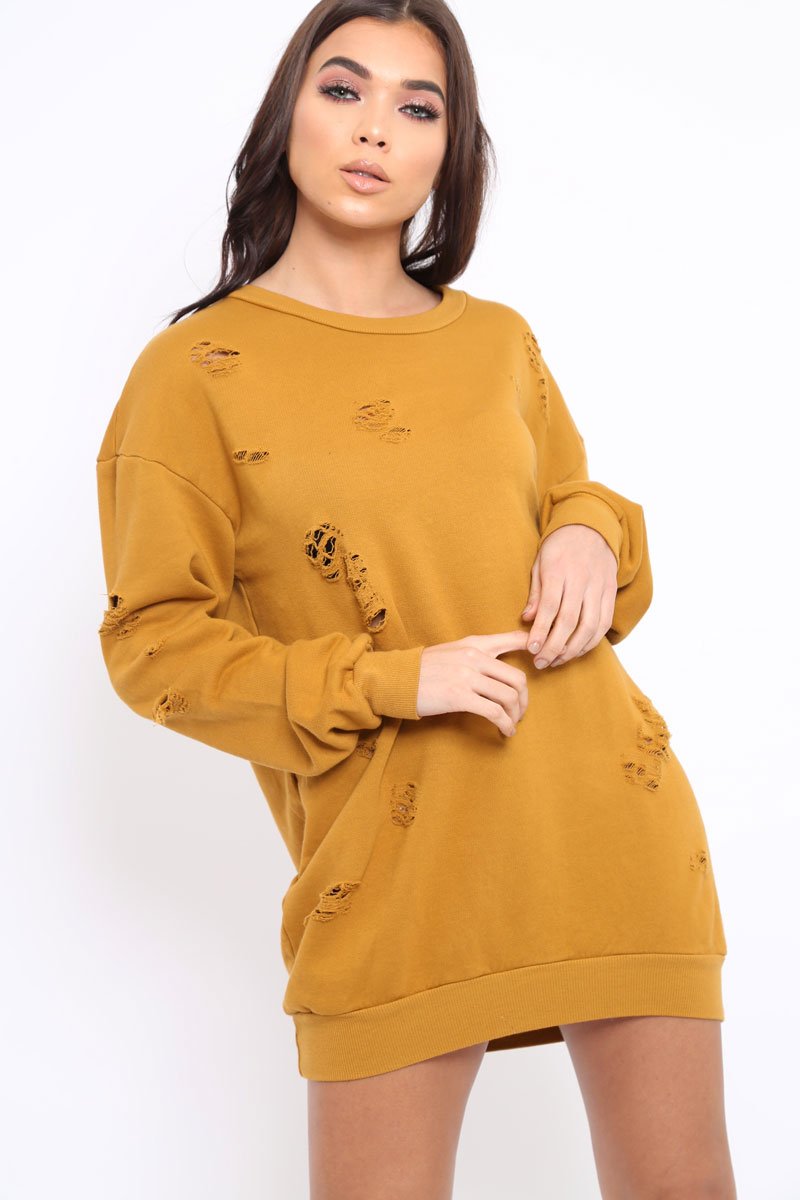 Mustard Distressed Detail Sweatshirt Jumper Dress - Ivy Rebellious Fashion Mustard Distressed Detail Sweatshirt Jumper Dress - Ivy Rebellious Fashion