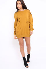 Mustard Distressed Detail Sweatshirt Jumper Dress - Ivy-Dresses