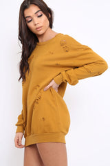 Mustard Distressed Detail Sweatshirt Jumper Dress - Ivy-Dresses