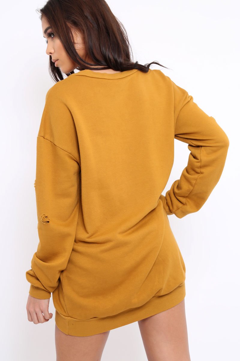 Mustard Distressed Detail Sweatshirt Jumper Dress - Ivy-Dresses
