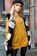 Mustard Distressed Detail Sweatshirt Jumper Dress - Ivy-Dresses