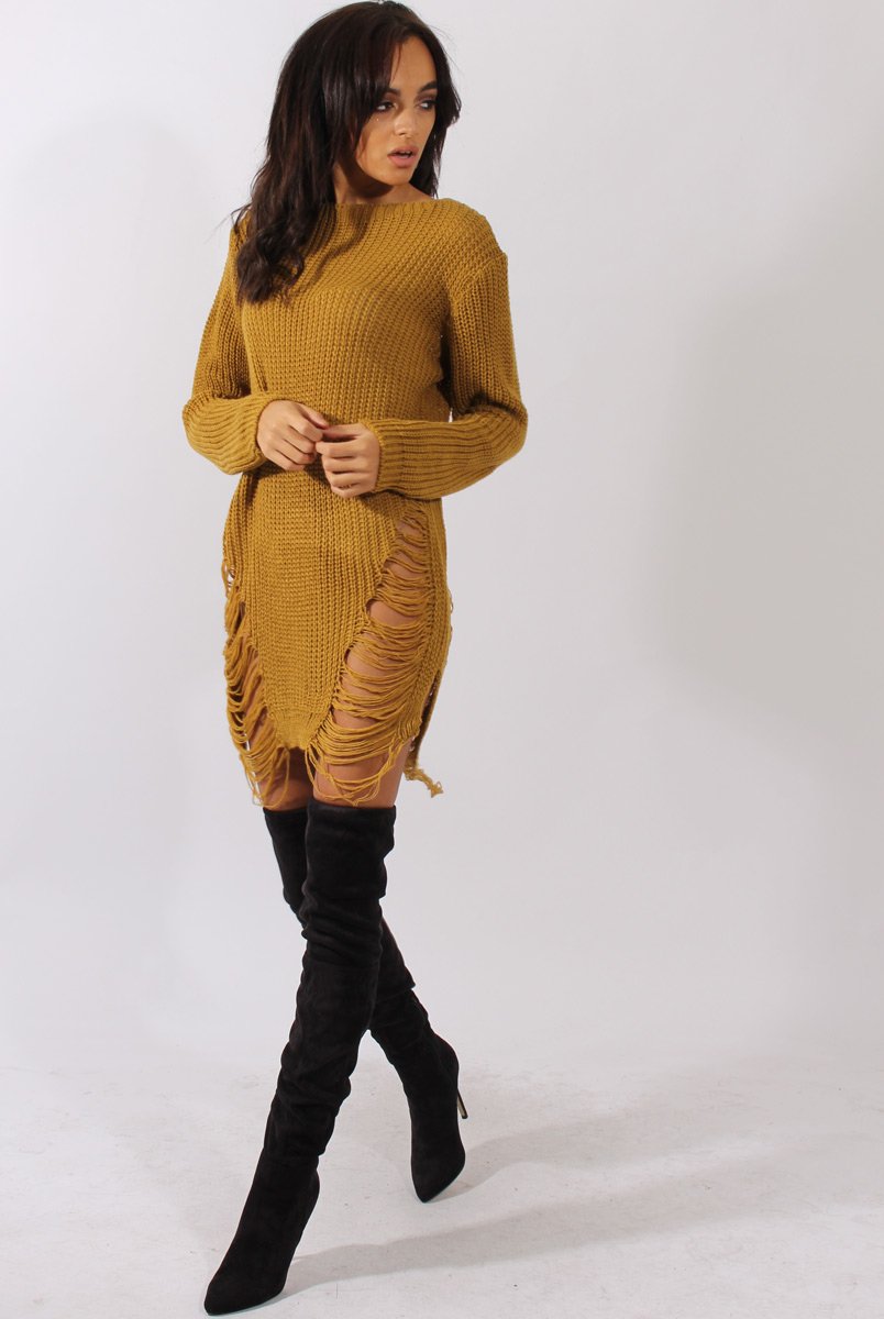 Mustard Distressed Jumper Dress - Kim-Jumper
