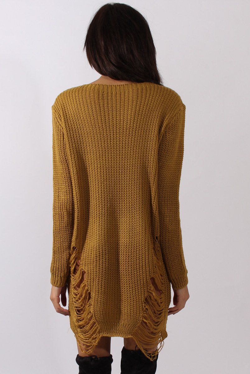 Mustard Distressed Jumper Dress - Kim-Jumper