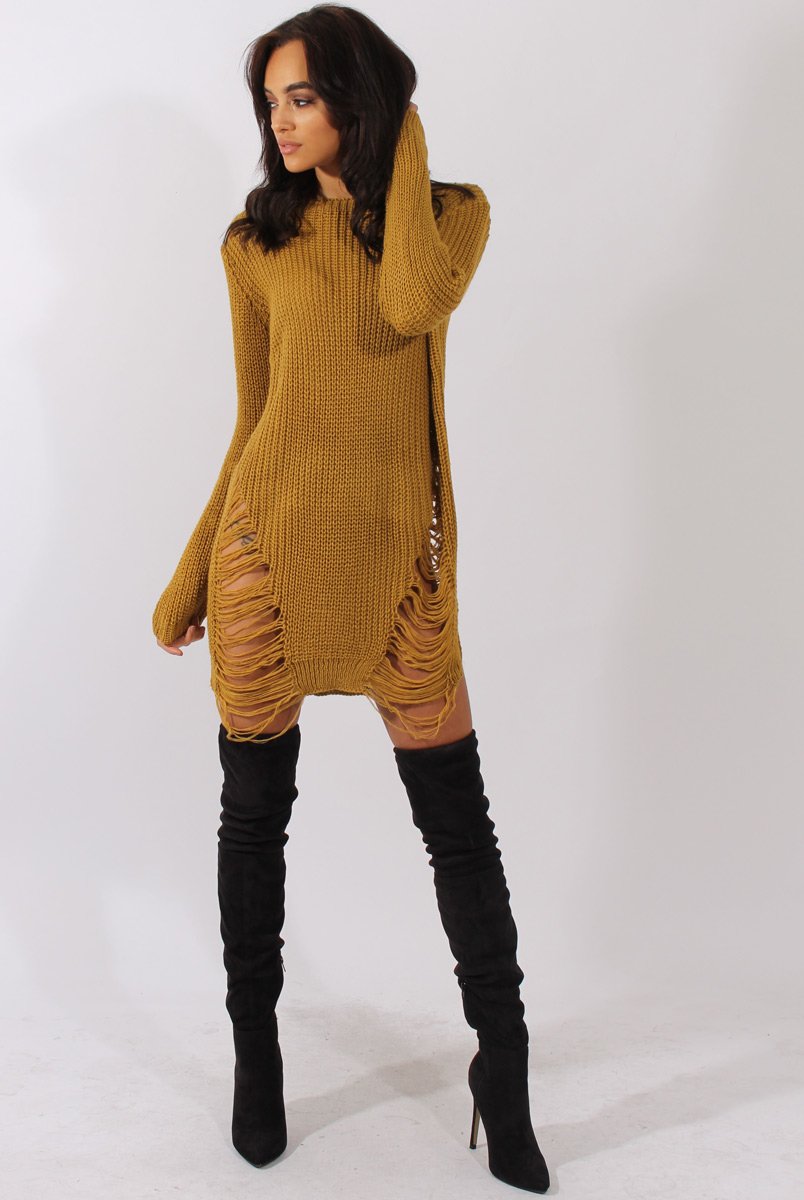 Mustard Distressed Jumper Dress - Kim-Jumper