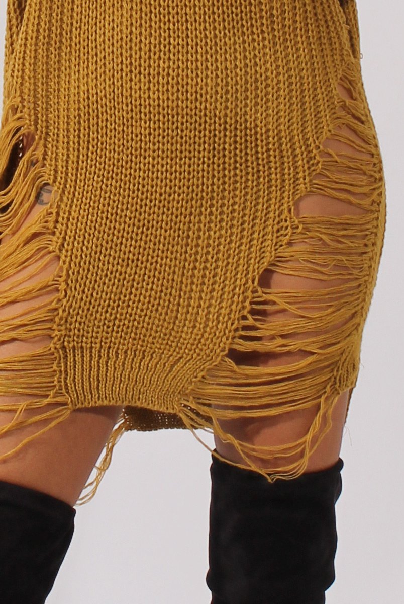 Mustard Distressed Jumper Dress - Kim-Jumper