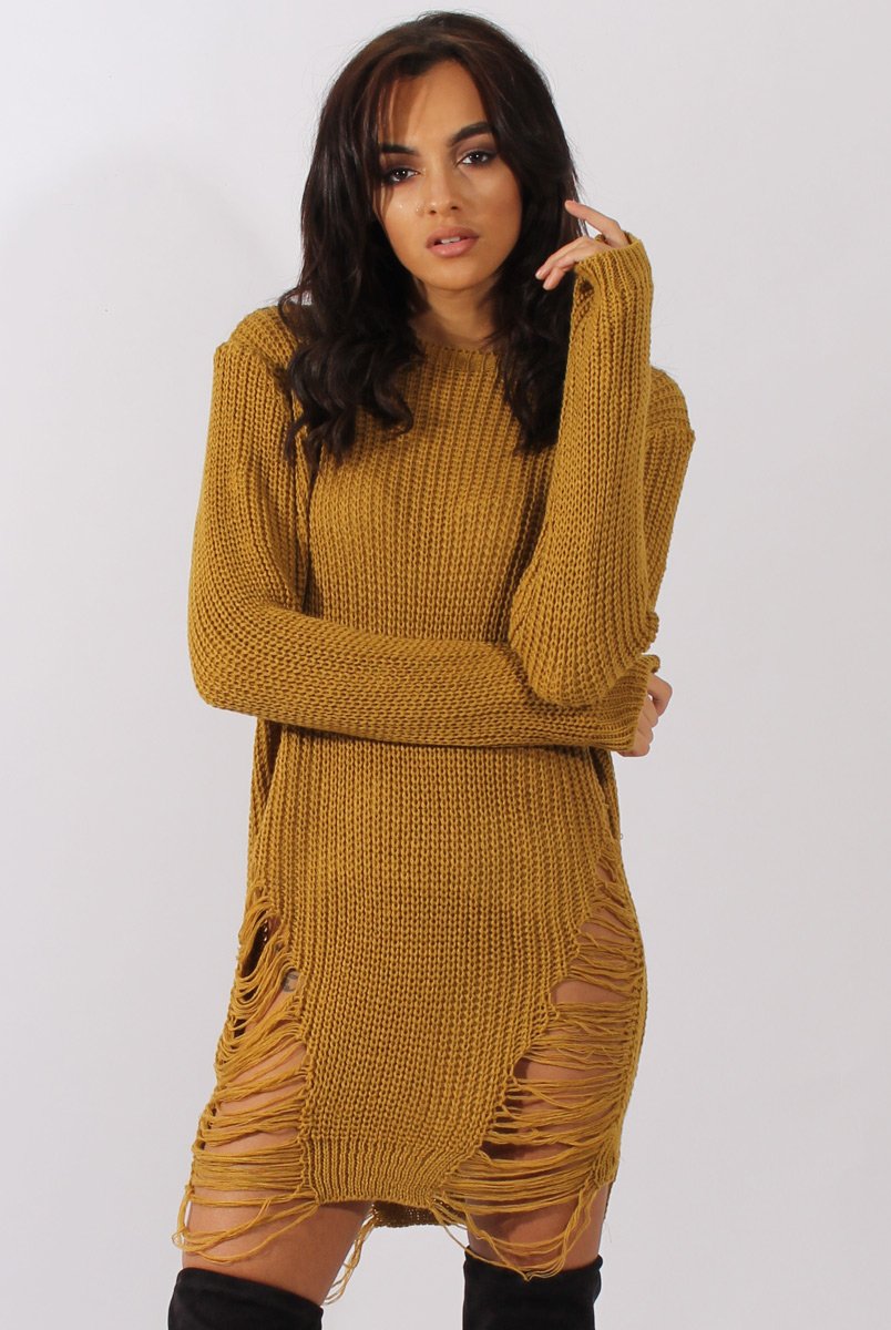 Mustard Distressed Jumper Dress - Kim-Jumper