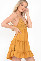 Mustard Embroidered Tiered Baby Doll Dress - Rowen-Dresses