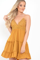 Mustard Embroidered Tiered Baby Doll Dress - Rowen-Dresses