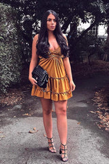 Mustard Embroidered Tiered Baby Doll Dress - Rowen-Dresses